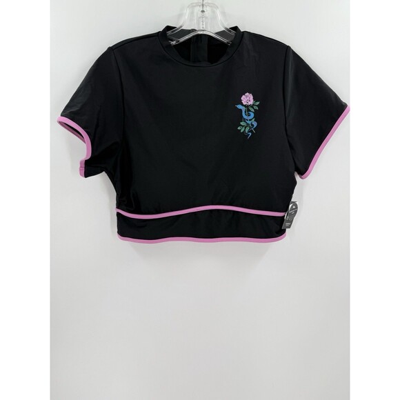 NEW TAGS Torrid Active Size 0 Black Snake Rose Wireless Cropped Piping Rashguard - Picture 2 of 12